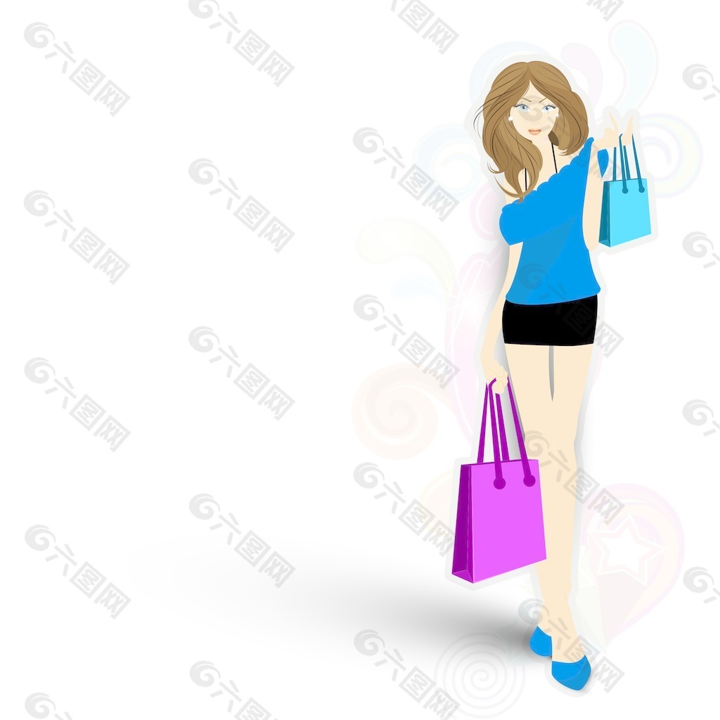 年轻时尚的女孩在五颜六色的花的装饰背景的购物袋