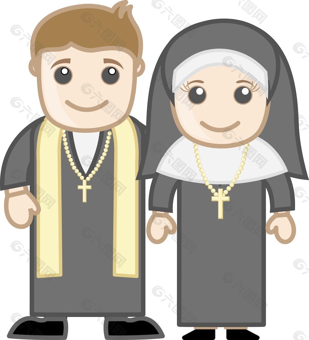 神父和修女矢量字符的卡通插画