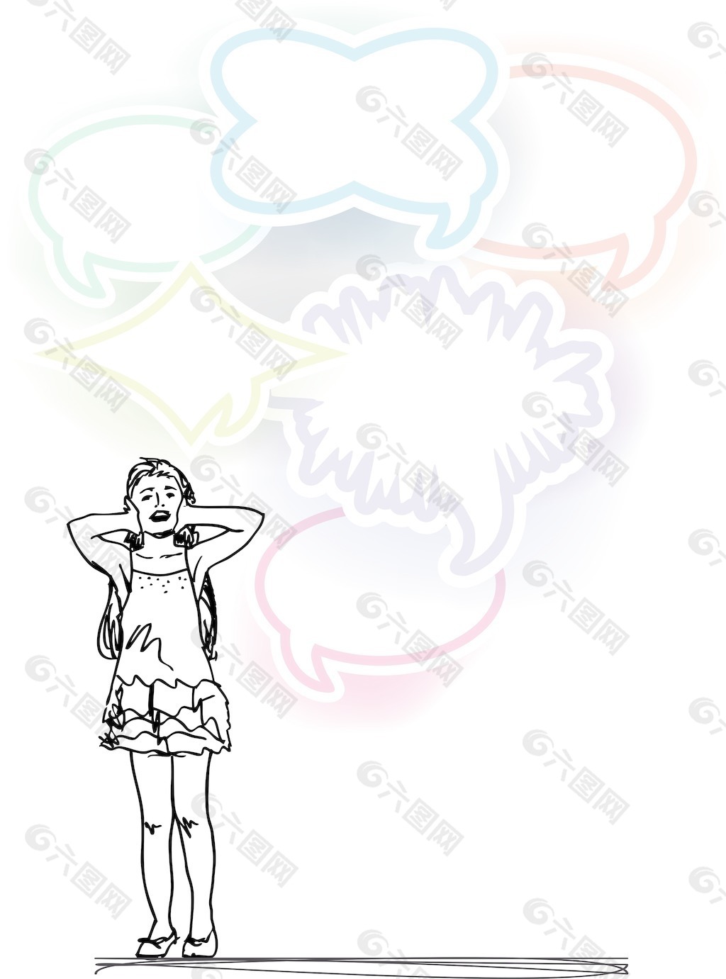 女孩覆盖耳朵大声气球矢量插画草图