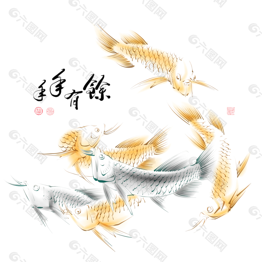 中国水墨画矢量鲤鱼