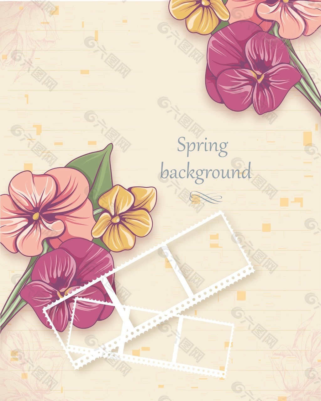 随着春天的花朵和相框花卉背景矢量插画