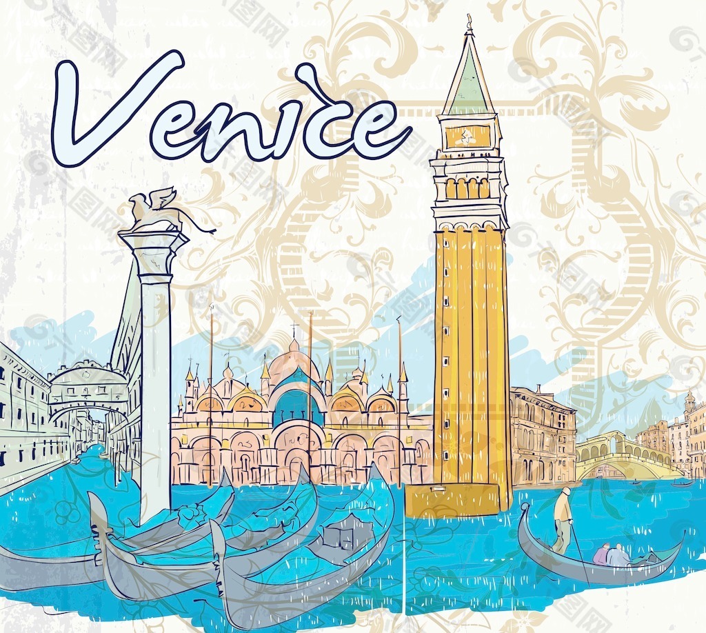 威尼斯涂鸦矢量插画