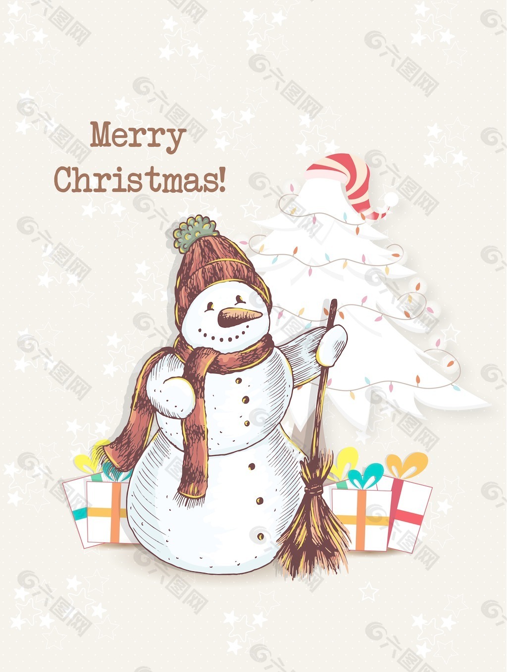 圣诞节插画矢量与雪人、圣诞树