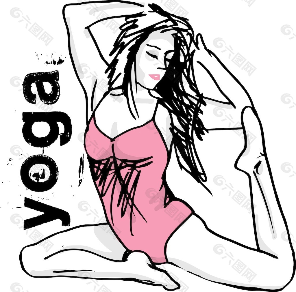 女人的冥想和做瑜伽的矢量插图摘要素描