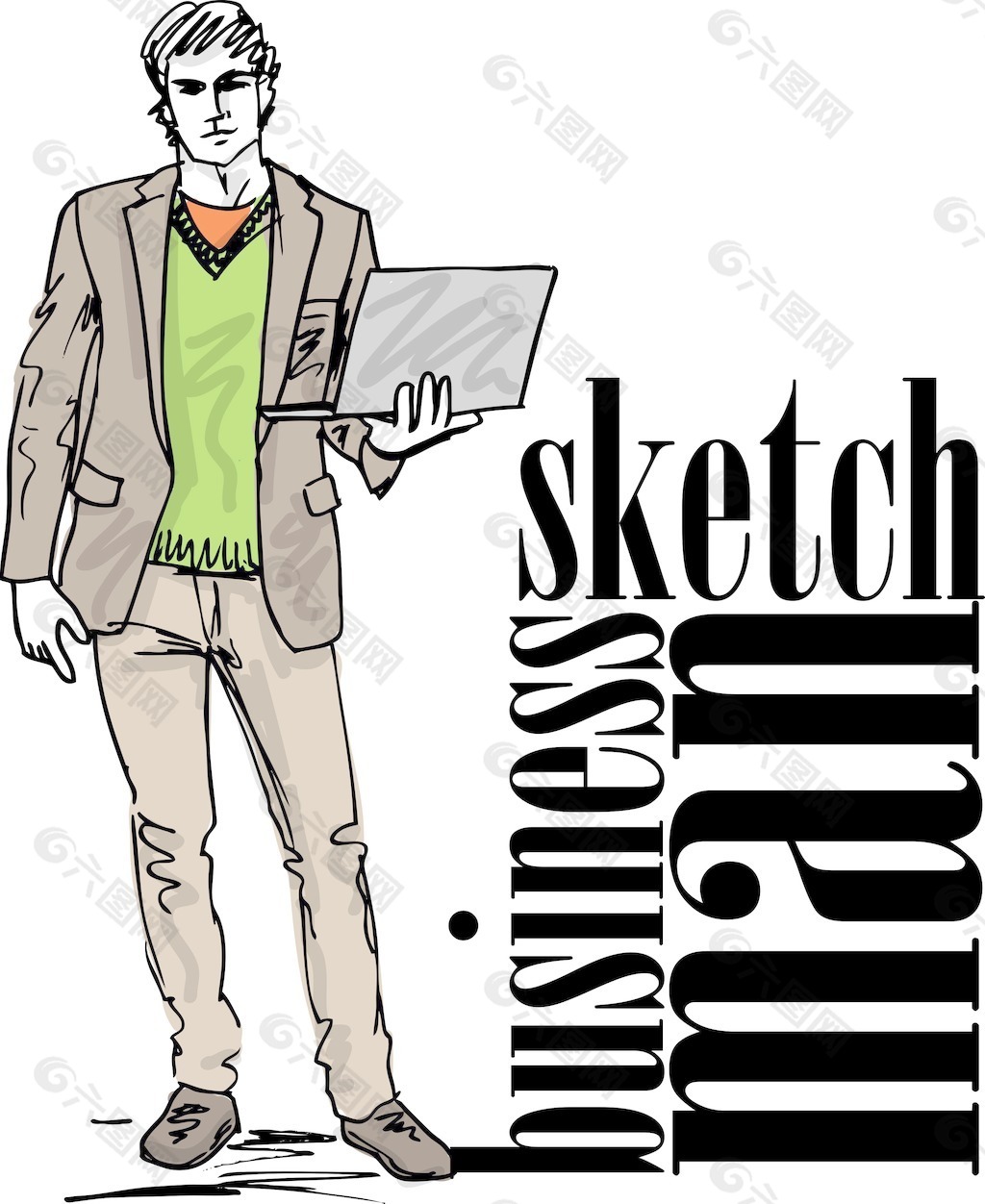 时尚帅气的男人与笔记本电脑插画矢量图