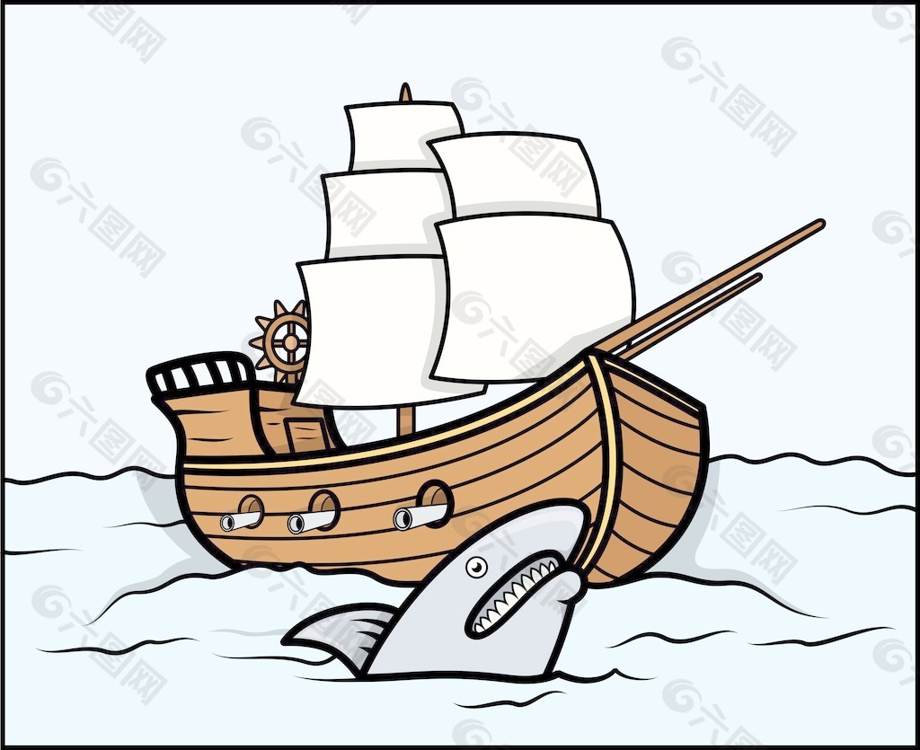 鲨鱼和海老船-卡通插画矢量