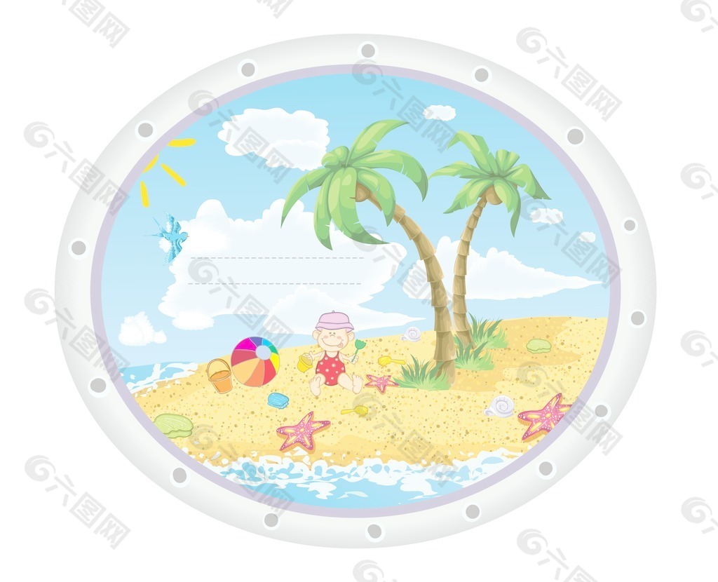 孩子们在海滩上玩的矢量插图