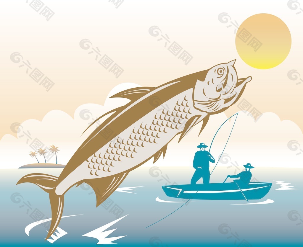 大海鲢鱼跳缠绕的渔夫