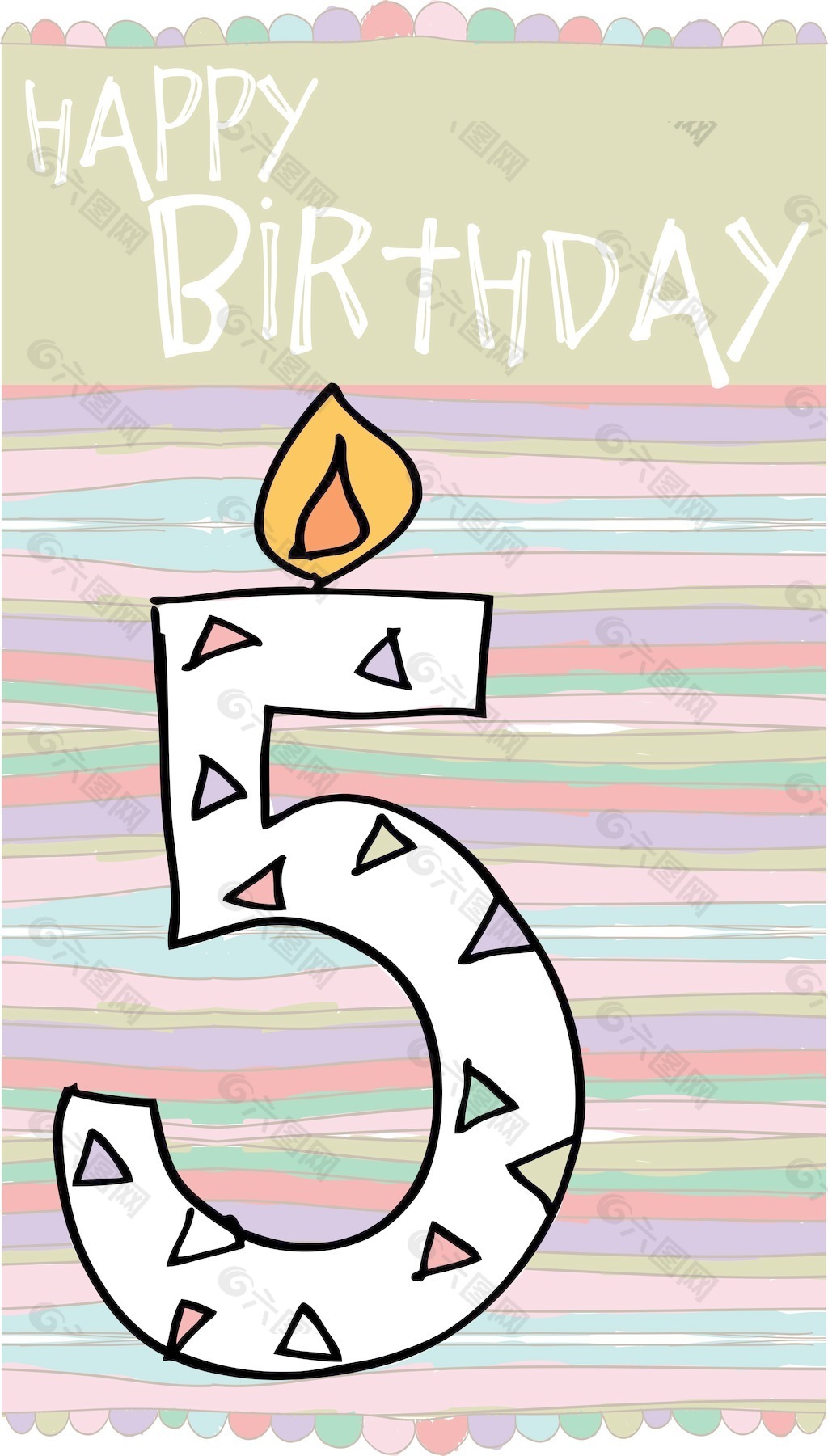 5号生日蜡烛五颜六色的背景矢量插图插画