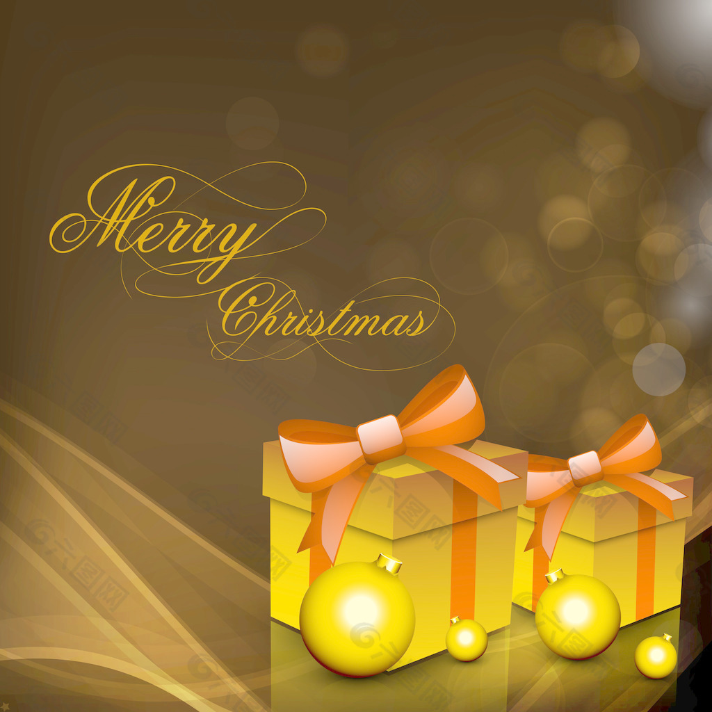 与背景的丝带和闪亮的金色的夏娃球包裹圣诞背景与礼品盒