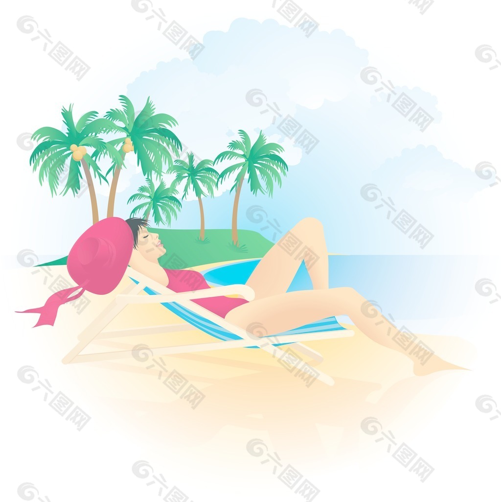 女人对一个热带海滩矢量放松