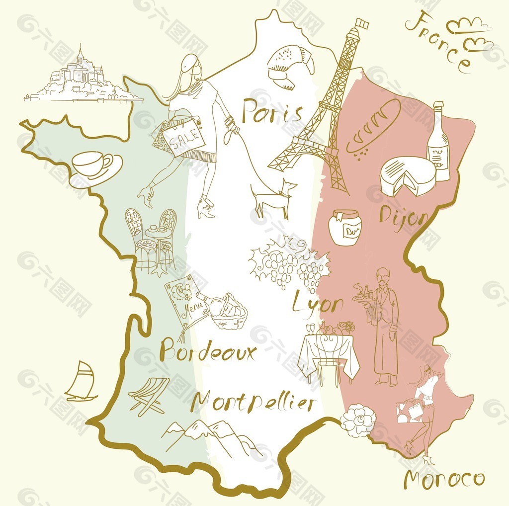 法国的东西 在法国不同地区是著名的程式化的地图