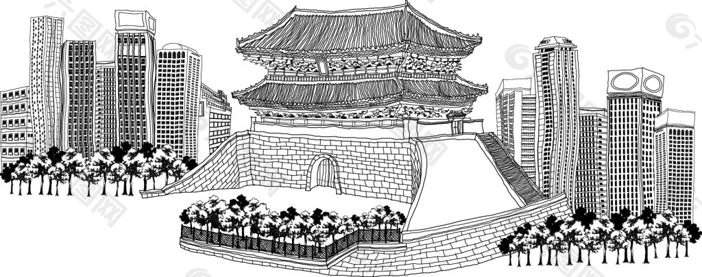 手绘古代建筑