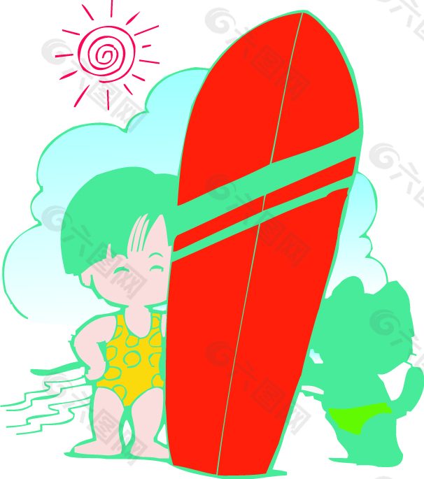 海边玩滑板的小女孩和小猫