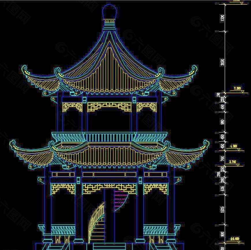 双层古式六角亭正立面图