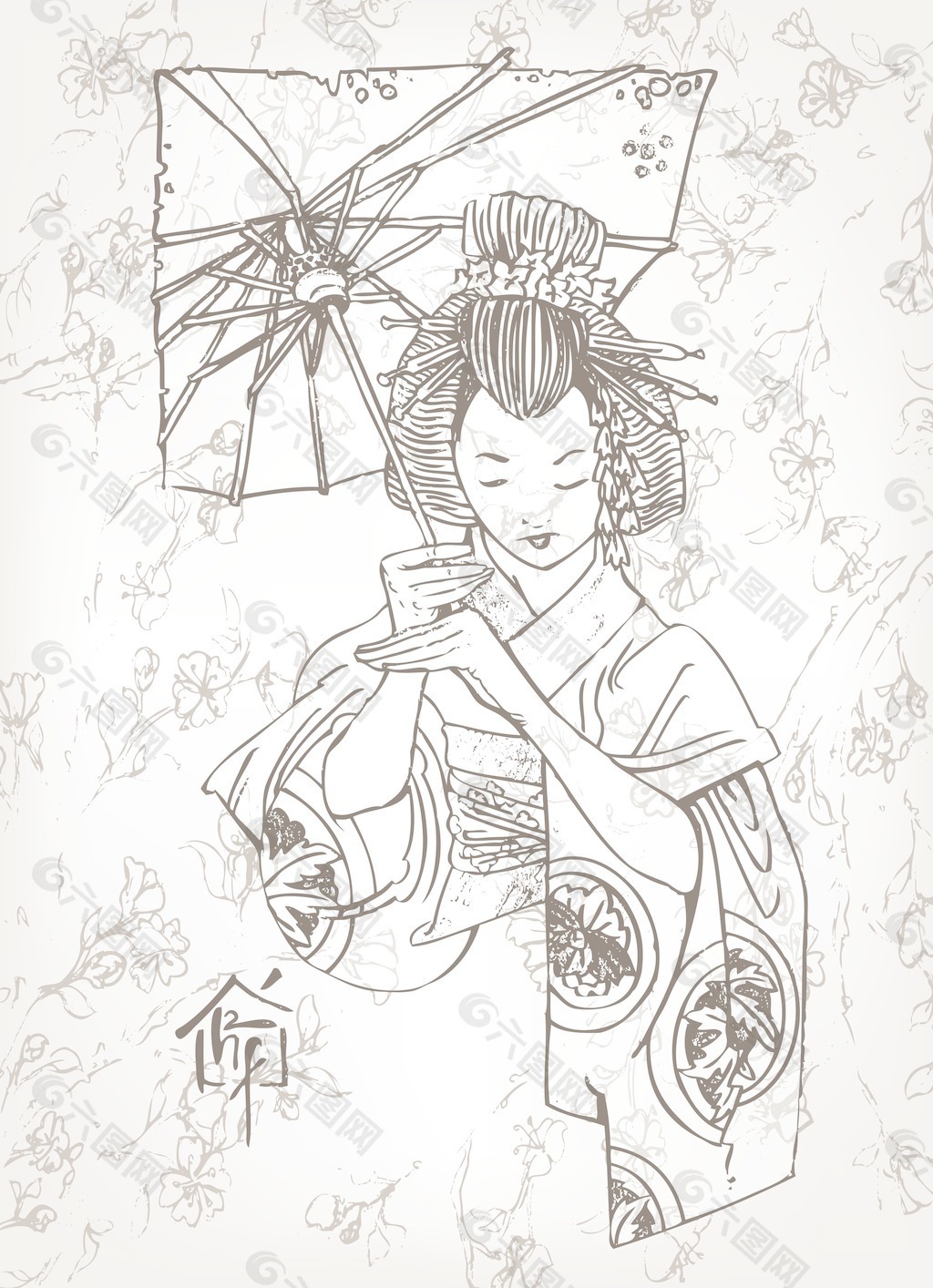 艺妓日本插画矢量手绘平面广告素材免费下载(图片编号:2112393)