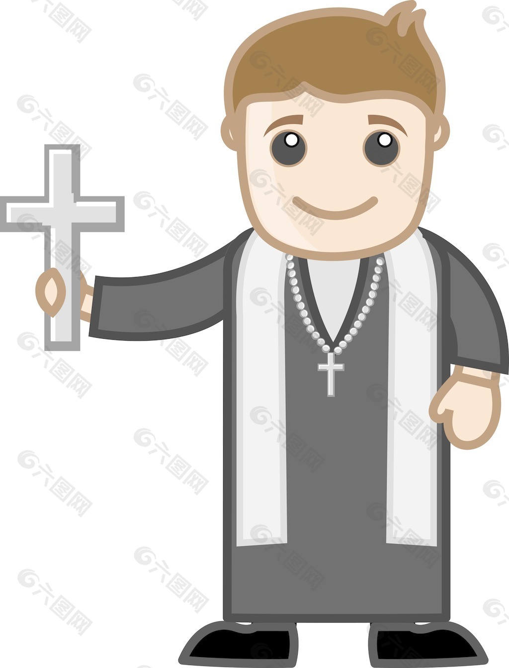 卡通矢量字符牧师握着一个神圣的十字架