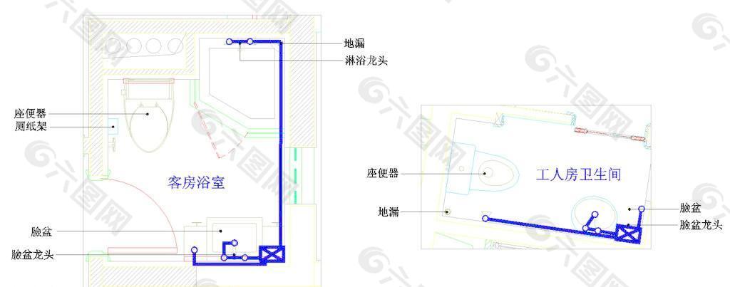 工人卫生间客房浴室电位平面图