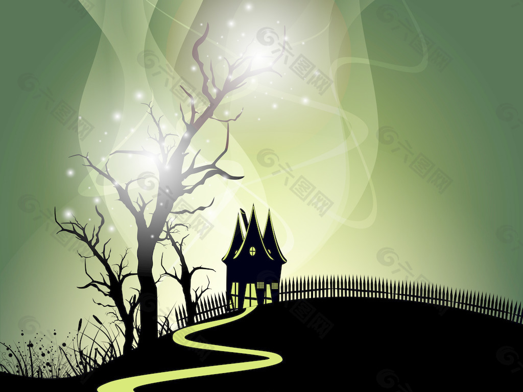 万圣节之夜的背景与闹鬼的房子和树木死亡的EPS 10