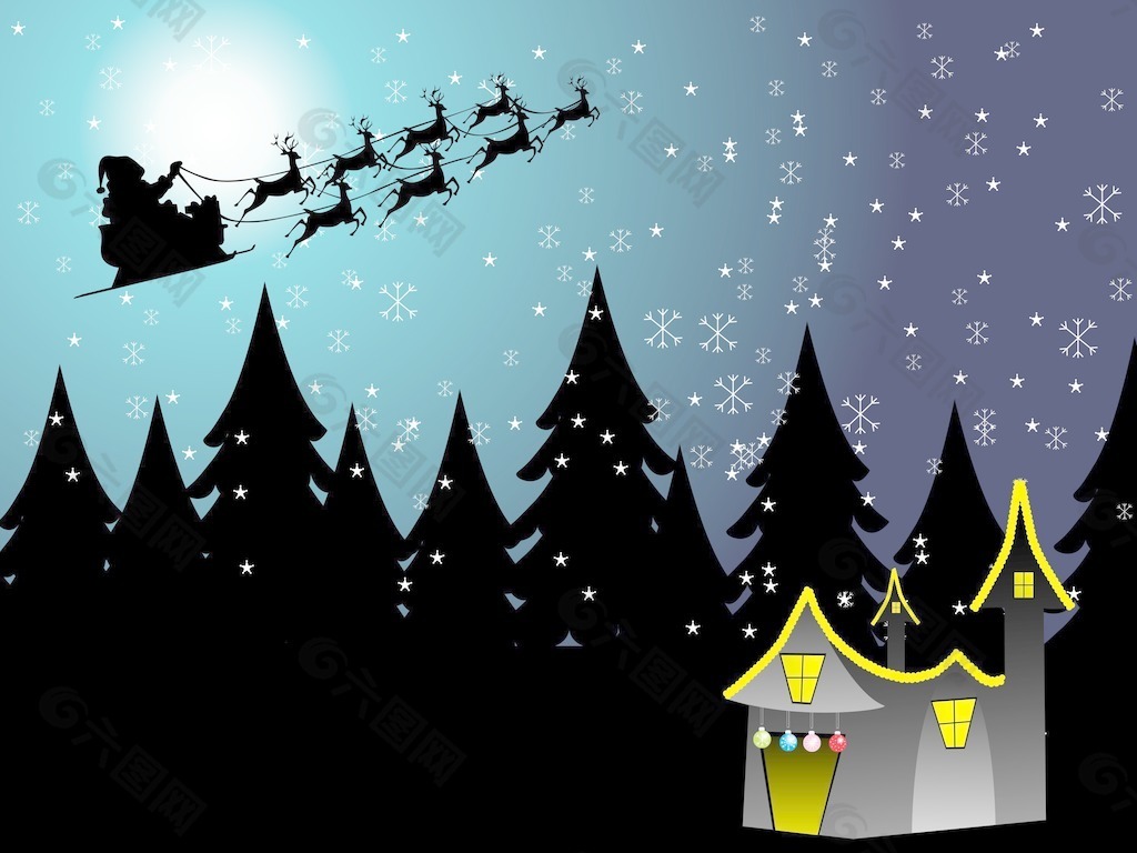 圣诞老人的雪橇飞蓝矢量插画