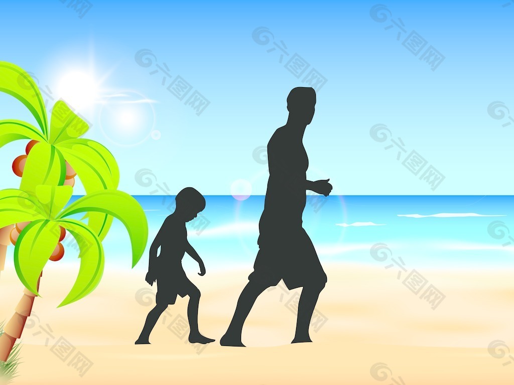 一个父亲和儿子在海滩享受日落剪影