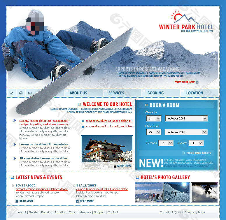 蓝色滑雪网页psd模板