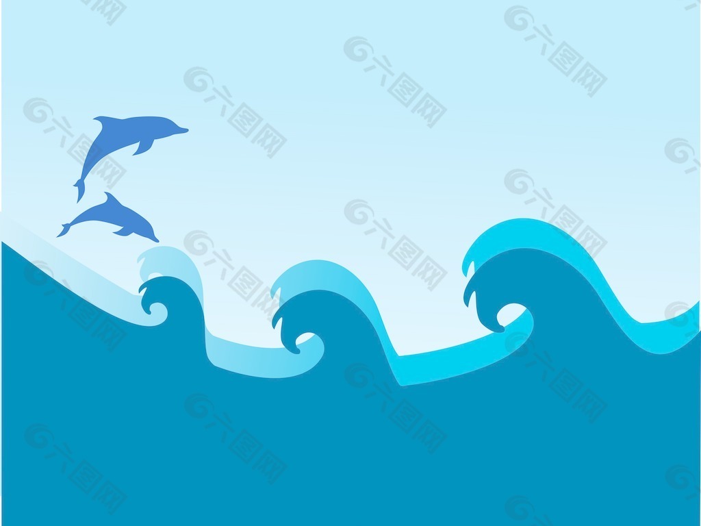 海豚和海浪在蓝色的背景
