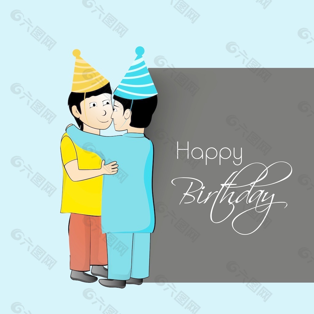 生日快乐-背景与帽拥抱彼此两个可爱的男孩