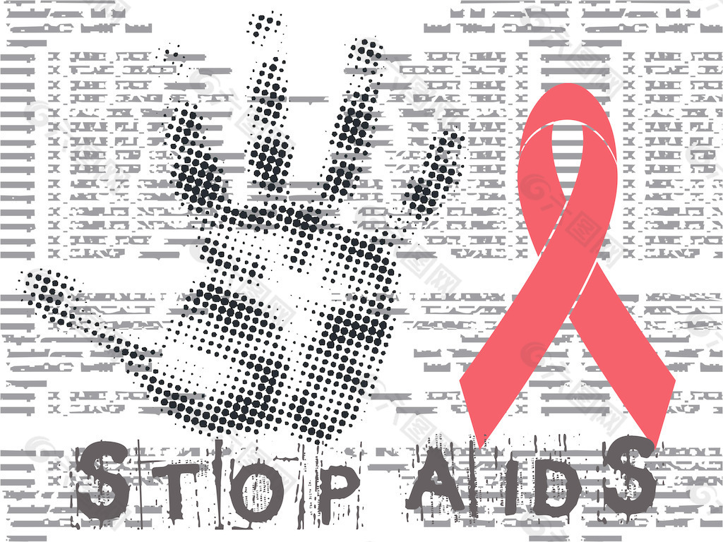 用手和红丝带阻止艾滋病的垃圾背景下