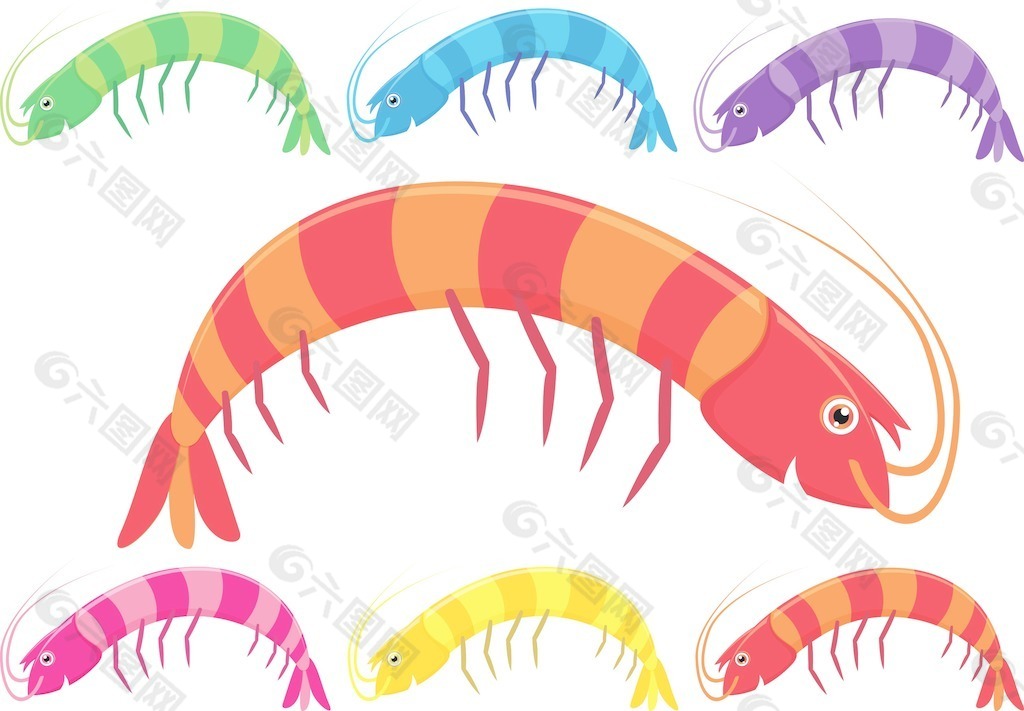 在白色背景上的各种颜色明亮的矢量动画虾或对虾