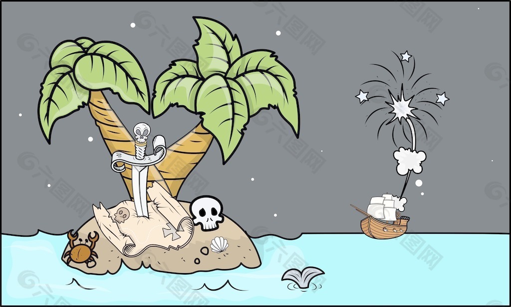 海盗来到一个岛-卡通插画矢量