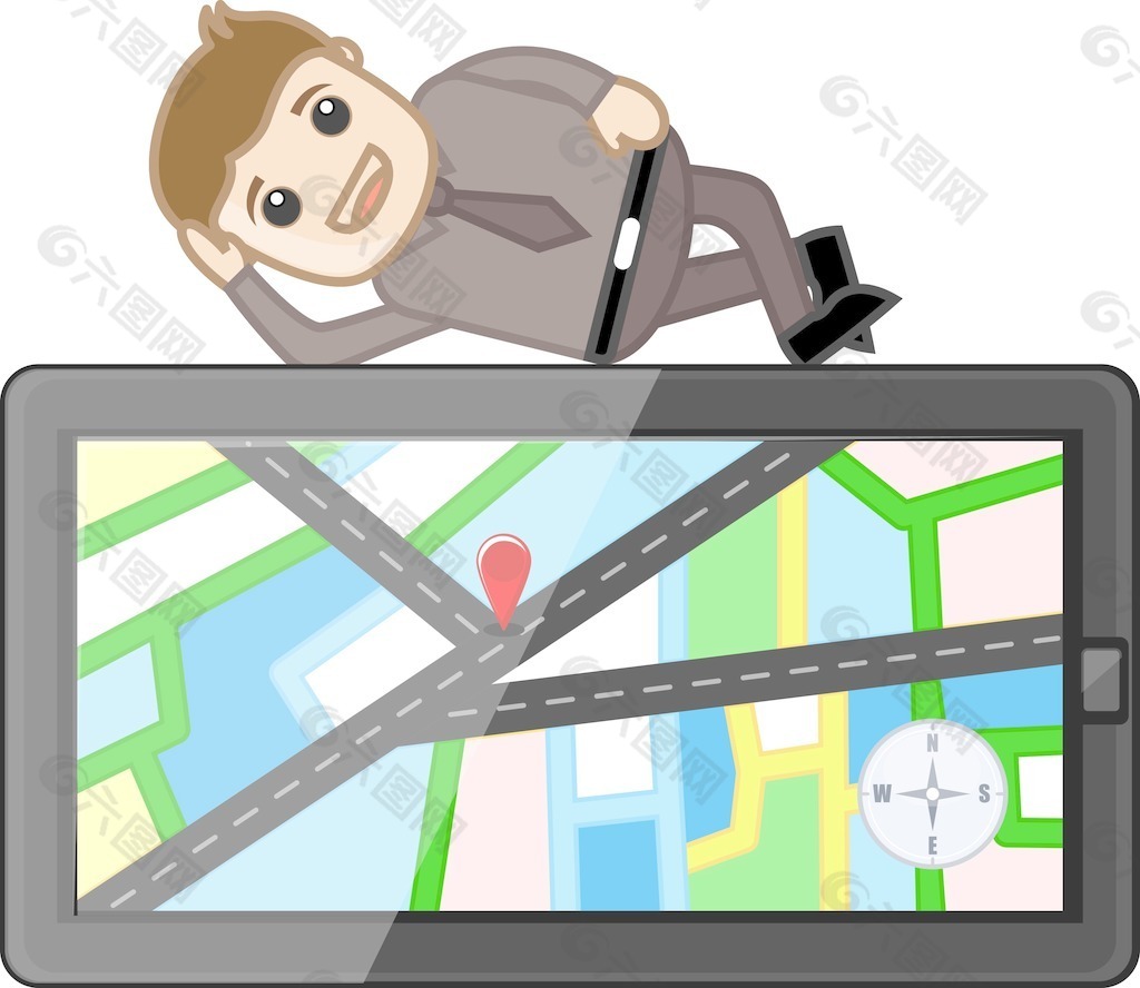 人躺在GPS地图导航装置-卡通矢量图
