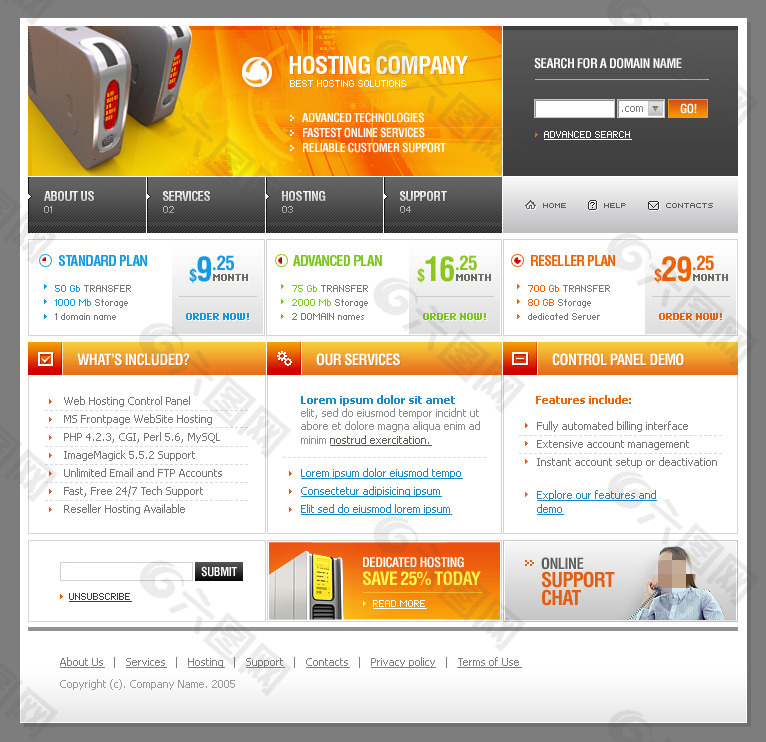橙色服务器网页psd模板