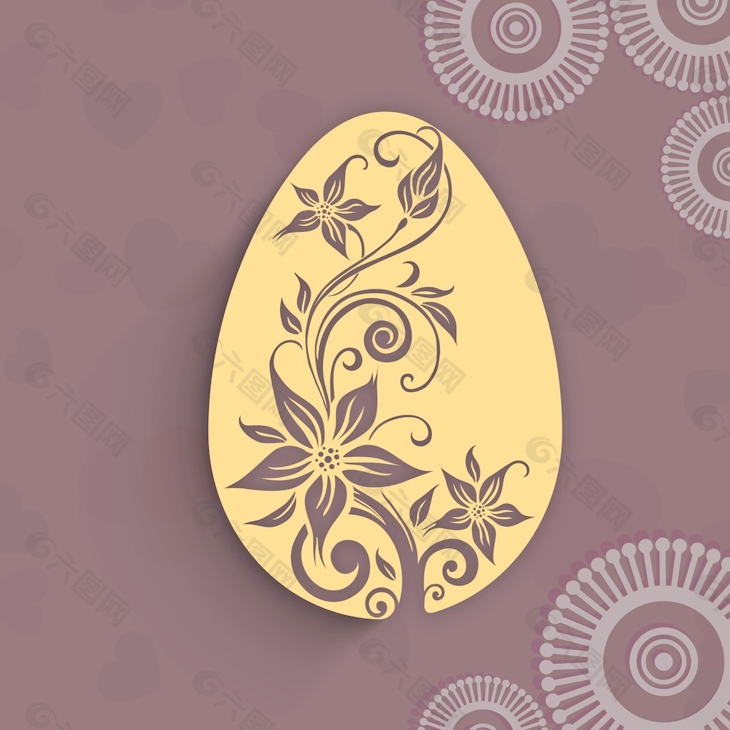 复活节快乐的背景或卡与花卉装饰蛋在棕色的背景