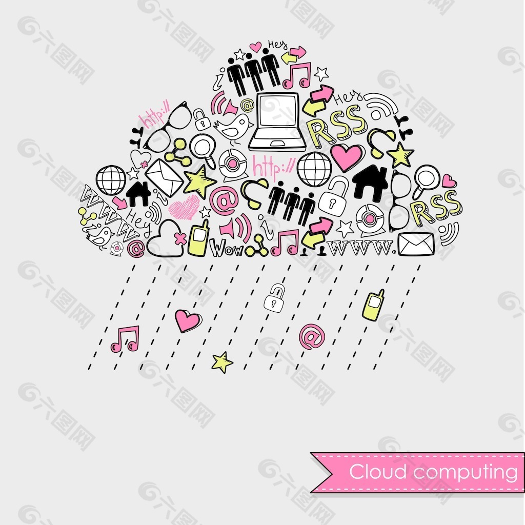 下雨的云计算和社交媒体的概念 可爱的手绘涂鸦