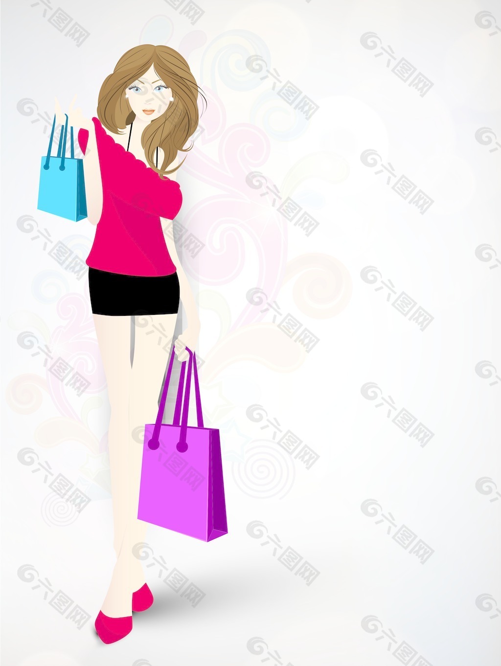 时尚的年轻女孩花背景携带购物袋