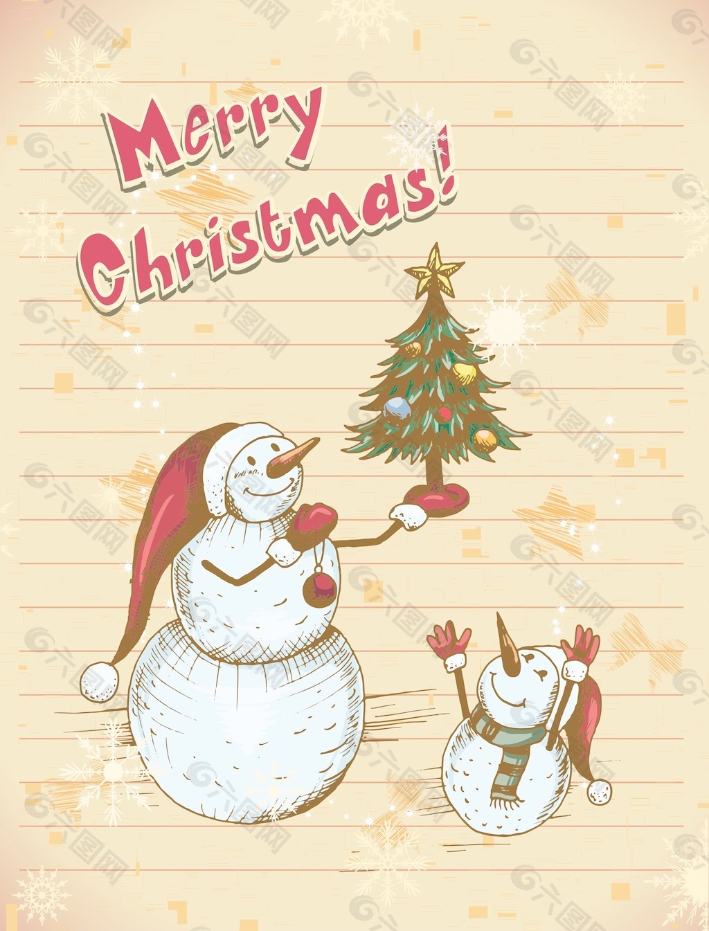圣诞节插画矢量与圣诞树、雪人