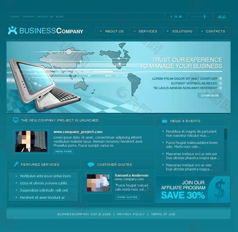 蓝色电脑科技网站psd模板