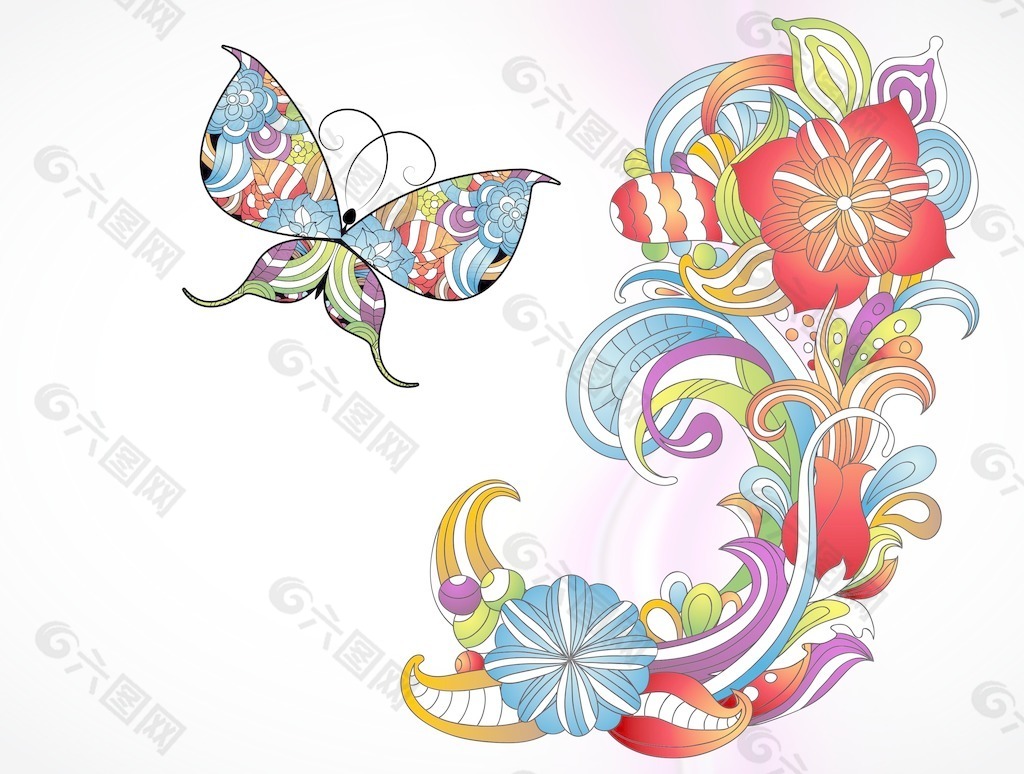 五颜六色的花卉与蝴蝶矢量背景