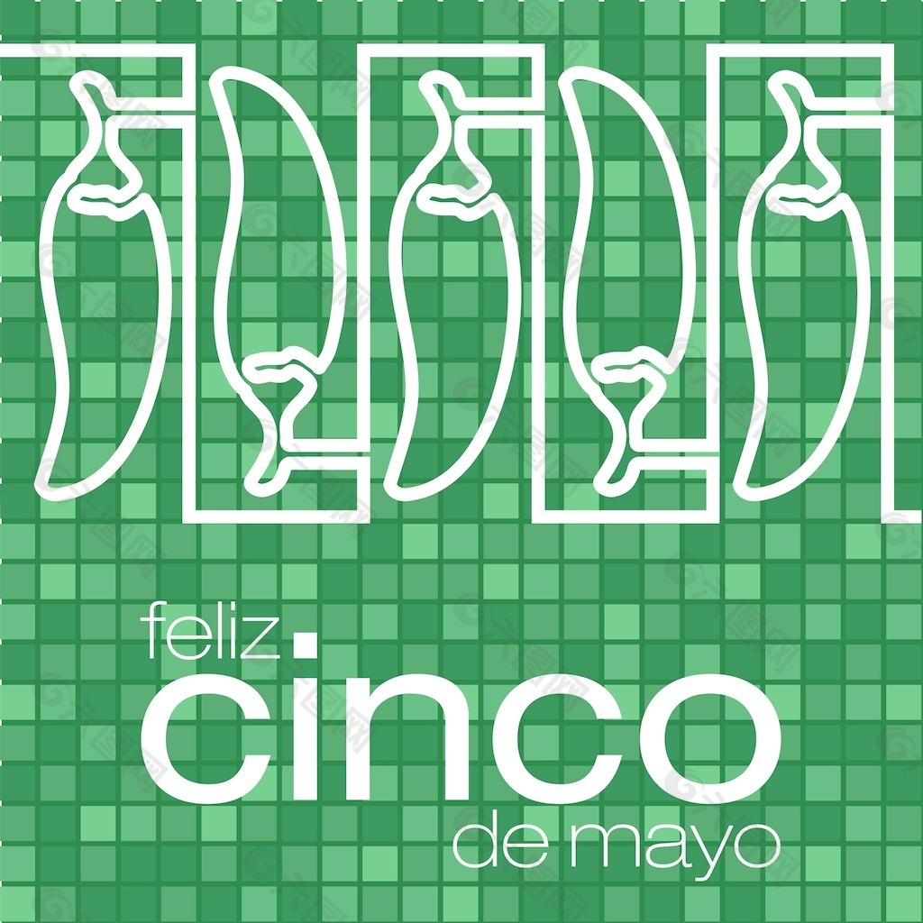 Feliz Cinco de Mayo（幸福5月第五）镶嵌辣椒卡矢量格式