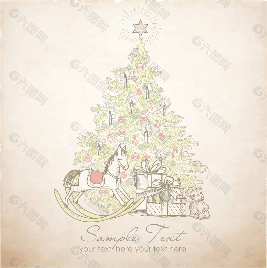旧货圣诞卡的美丽的圣诞树下面的插图
