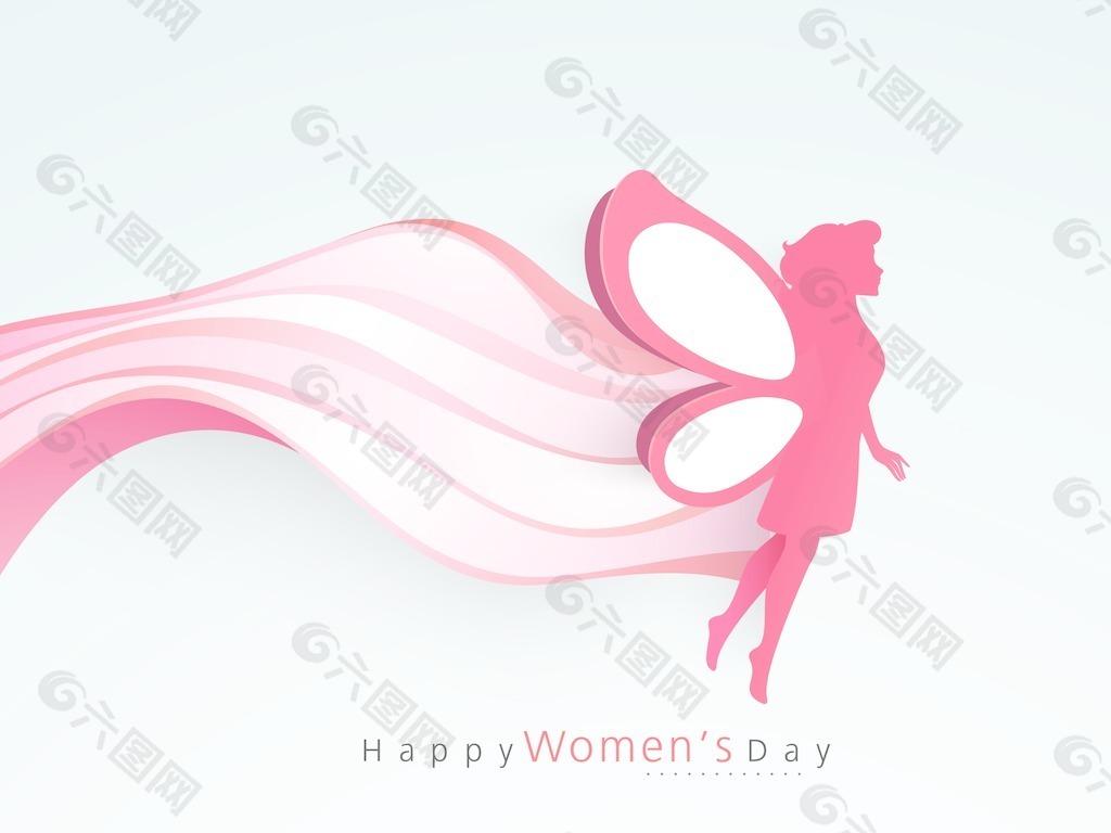 三八妇女节贺卡或海报带翅膀的少女的轮廓设计