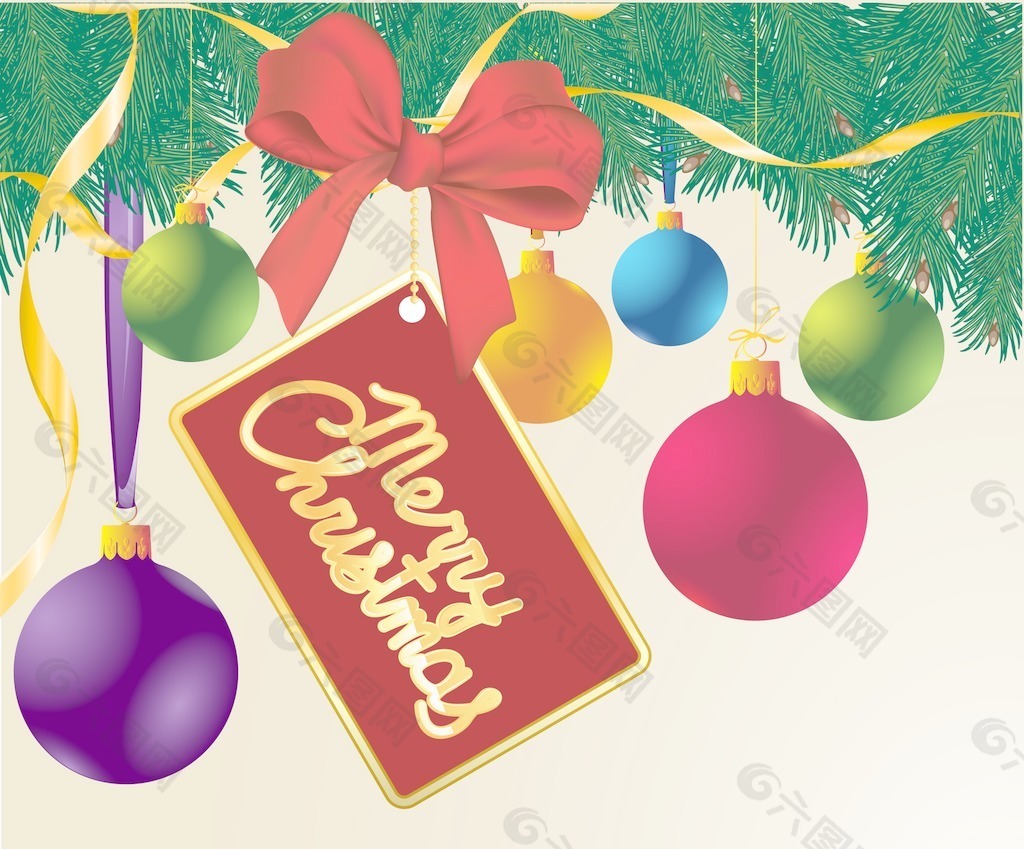 松树和气球装饰背景矢量圣诞模板