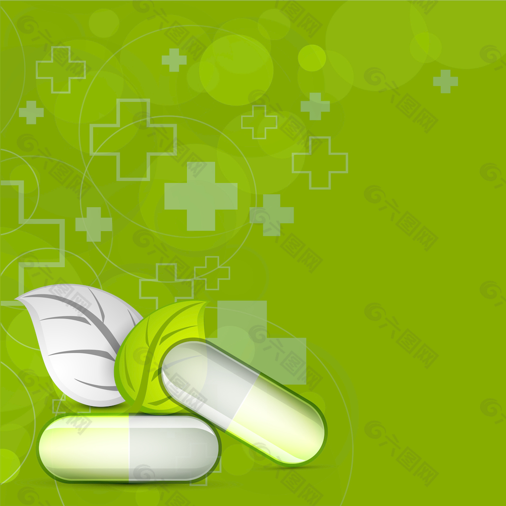 在闪闪发光的绿色背景医疗药片和绿色的叶子 医学概念
