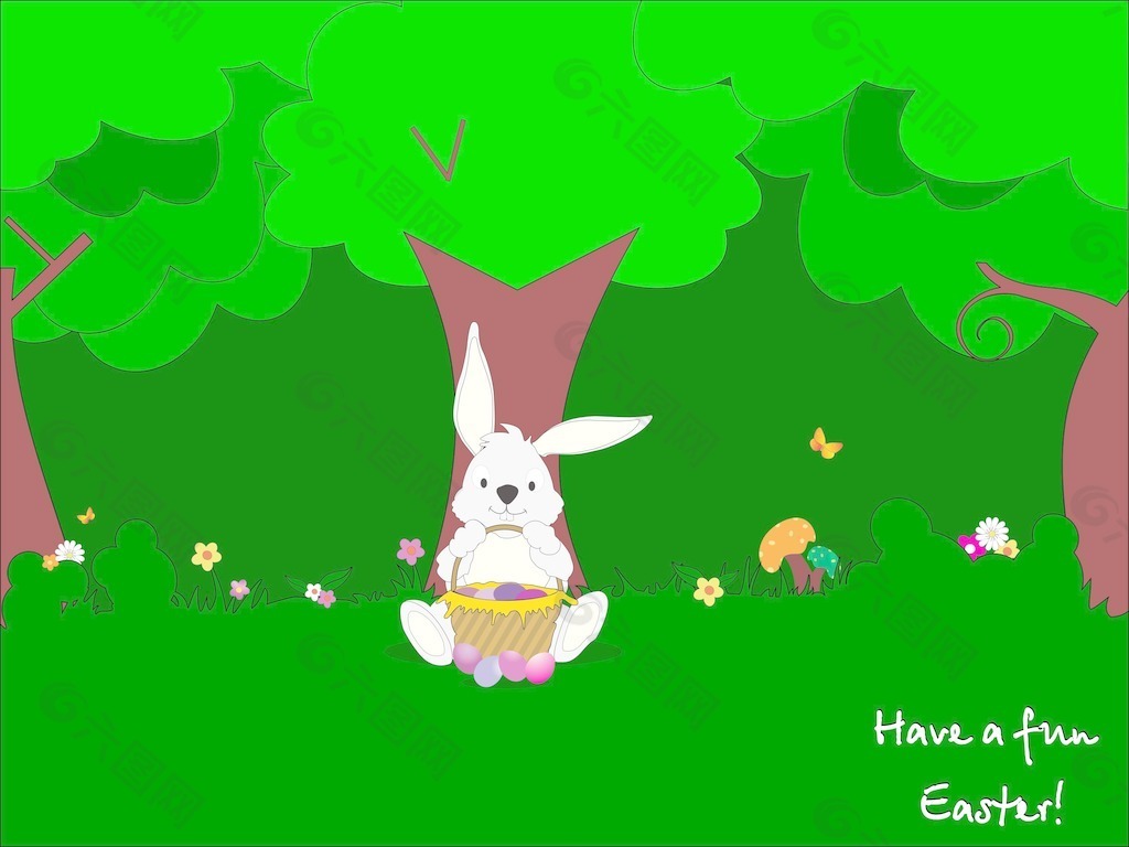 有趣的复活节兔子在树下的草地上