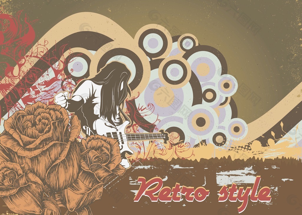 音乐海报的摇滚明星和玫瑰矢量ilustration