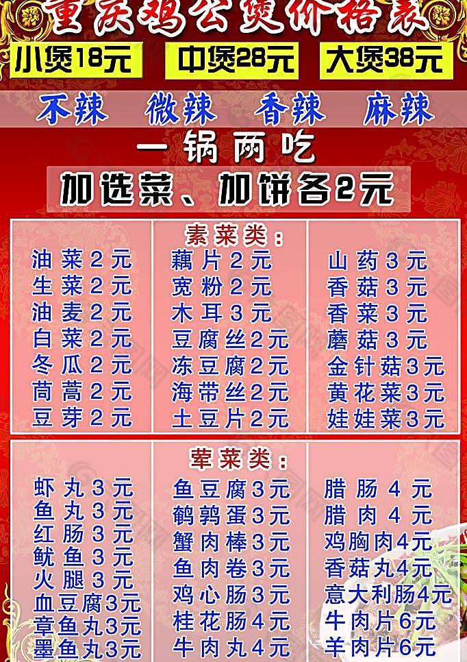 重庆鸡公煲价格表