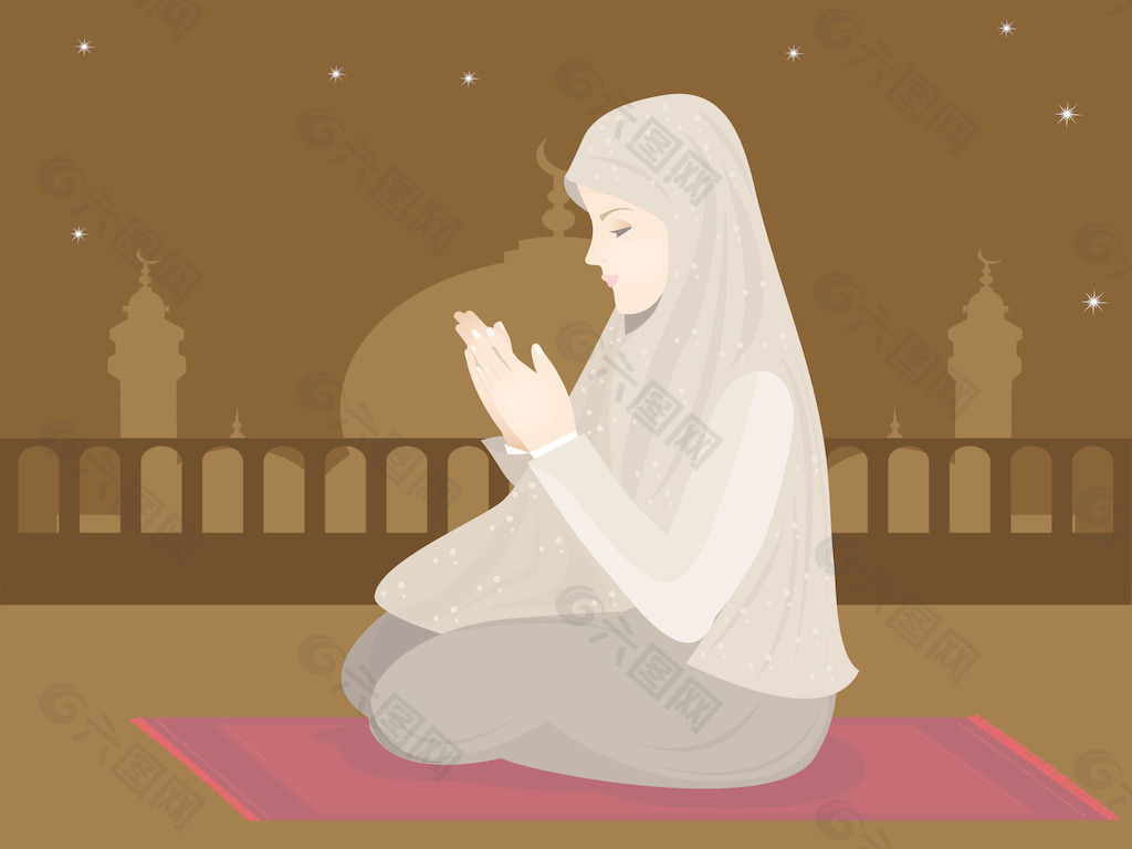 矢量插画的年轻穆斯林少女的祈祷
