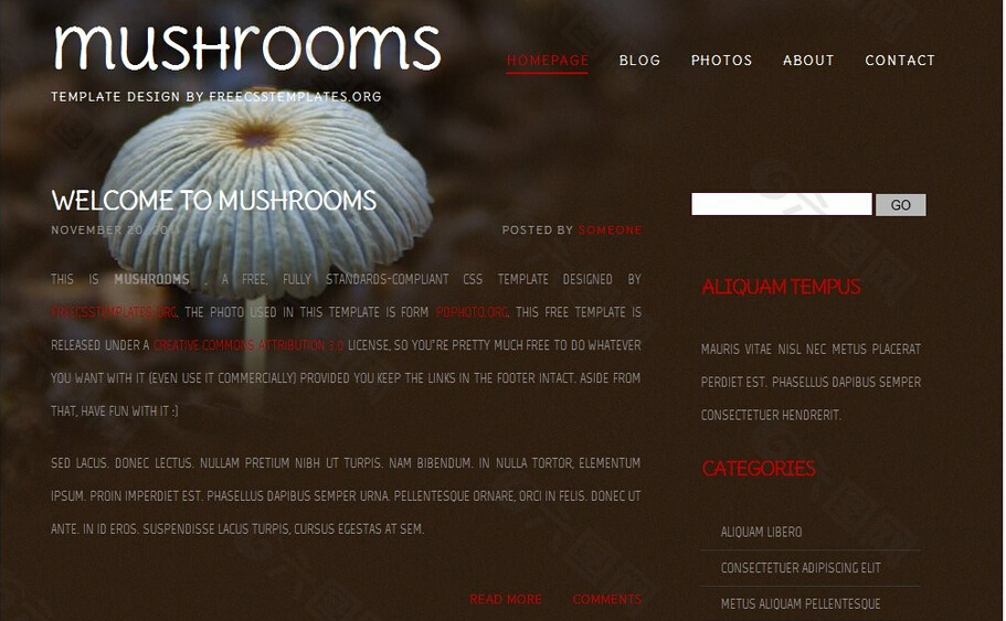 旷野蘑菇主题网页模板