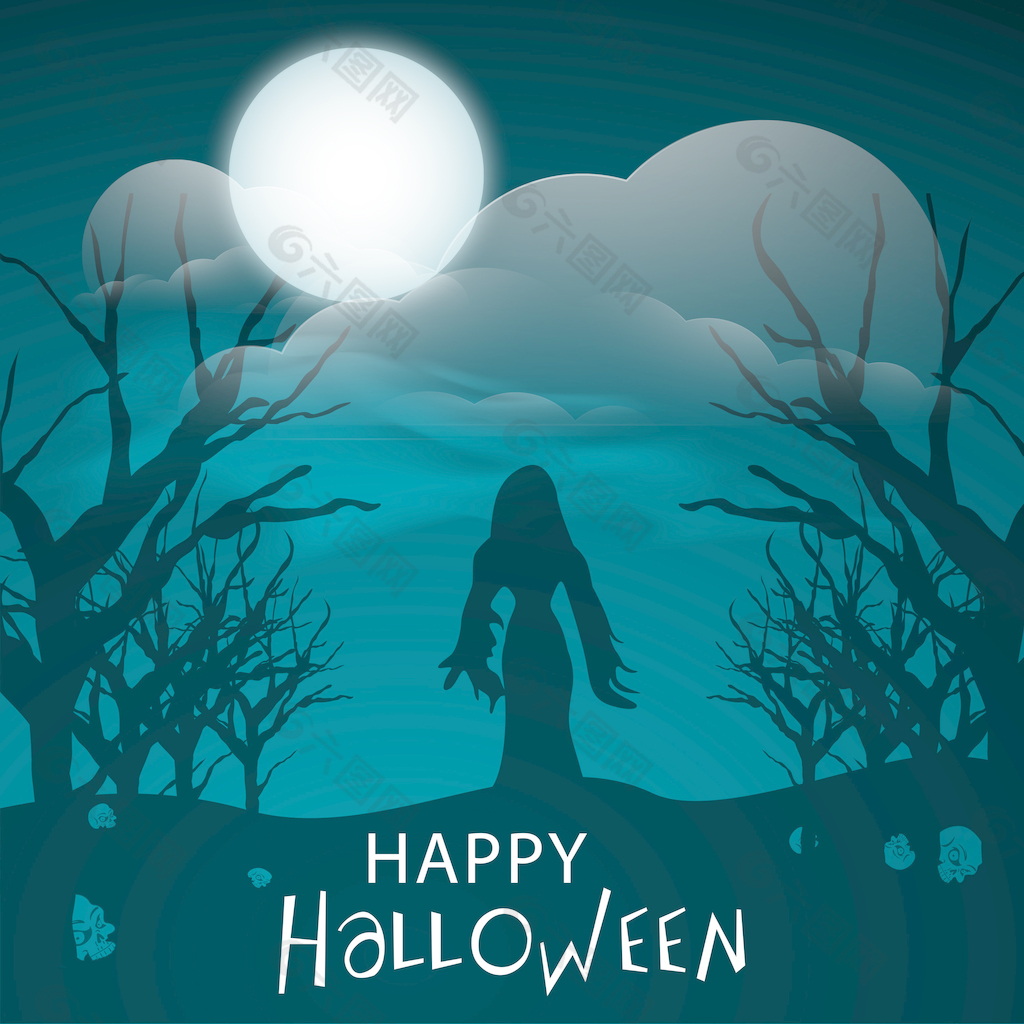横幅或背景的幽灵般的夜间背景女巫万圣节派对概念剪影